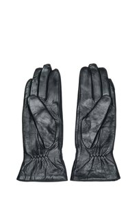 Czarne rękawiczki ze skóry z marszczonym nadgarstkiem, posiadające pięć palców, gładką fakturę i minimalistyczne zdobienia. Odpowiednie na zimną pogodę.