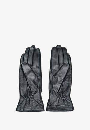 Zwarte leren handschoenen met een geplooide pols, voorzien van vijf vingers, een gladde textuur en minimale details. Geschikt voor koud weer.