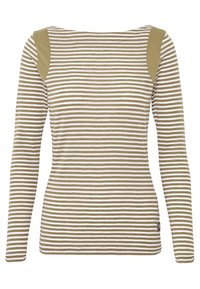 Langarmshirt in khaki met witte strepen, met effen khaki schouderpatches. Gemaakt van zachte stof met een ronde hals.