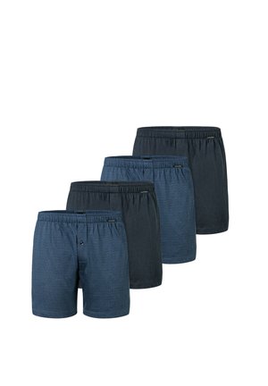 Vier Paare Baumwollboxershorts für Herren in unterschiedlichen Blautönen. Mit elastischen Taillengummis und ein Paar mit strukturiertem Muster.