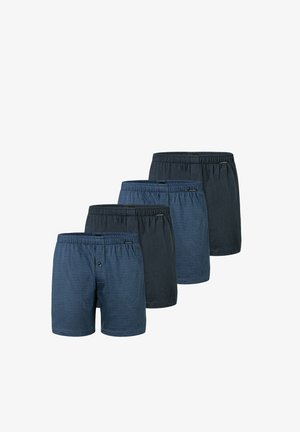 Vier paar heren katoenen boxershorts in verschillende tinten blauw. Voorzien van elastische taillebanden en één paar met een textuurpatroon.