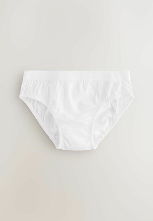 Weiße Baumwollunterhose mit elastischem Bund, die eine glatte Textur und geraffte Seiten für eine taillierte Form aufweist. Keine Muster oder Akzente.