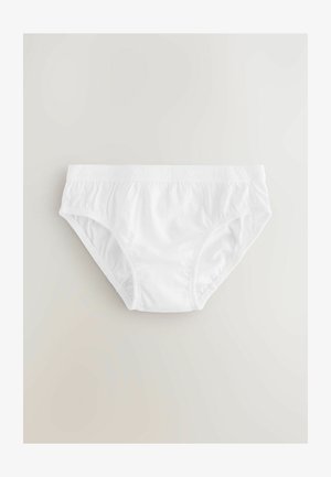 Valge puuvillane aluspüks, millel on elastne vöökoht, sile tekstuur ja kokkuvõetud külgedega, mis tagavad sobiva kuju. Ilma mustrite ja aktsentideta.