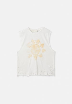 White sleeveless crop top with a distressed hem and sun graphic in light orange and text detailing, made from a soft, textured fabric.