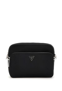 Black nylon crossbody bag with dual zippered compartments, silver hardware, and a triangular logo accent. Smooth texture and rectangular shape.