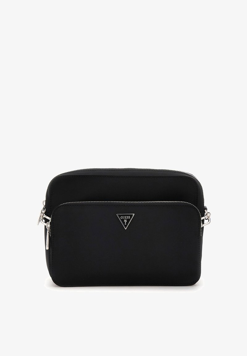 Black nylon crossbody bag with dual zippered compartments, silver hardware, and a triangular logo accent. Smooth texture and rectangular shape.