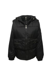 Giacca nera imbottita con cappuccio, chiusura a zip e due tasche anteriori con patta. Presenta un design cropped e una texture liscia e lucida.