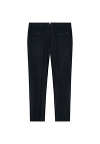 Donkerblauwe broek van textuurstof, met een recht model, twee achterzakken en een knoopsluiting.