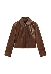 Bruine lederen cropped jas met een spitse kraag, ritssluiting en een gladde textuur met subtiele glans en naaddetails.