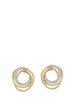 Gold hoop earrings with intertwined design featuring a silver band adorned with small clear crystals along the edge.