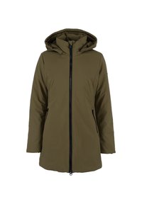 Giacca impermeabile verde oliva, con zip completa, cappuccio isolato, tasche laterali e texture liscia. Design semplice con cuciture minime.
