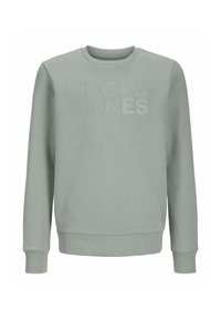 Felpa verde chiaro realizzata in tessuto morbido, con scollatura a girocollo, polsini e orlo a coste, con "JACK & JONES" in rilievo sulla parte anteriore.
