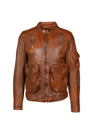 Braune Lederbomberjacke mit einem Frontreißverschluss, zwei großen Fronttaschen und einer Tasche am linken Arm. Sie verfügt über einen enganliegenden Kragen und eine strukturierte Oberfläche.