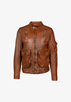 Bruine leren bomberjack met een rits aan de voorkant, twee grote voorzakken en een zak op de linkermouw. Beschikt over een strakke kraag en een gestructureerde afwerking.