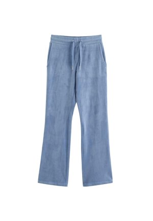 Hellblaue weiche Stoff-Jogginghose mit elastischem Bund, Kordelzug und Seitentaschen, flach auf weißem Hintergrund dargestellt.
