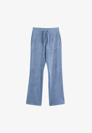 Light blue soft fabric sweatpants with elastic waistband, drawstring, and side pockets, shown flat against white background.