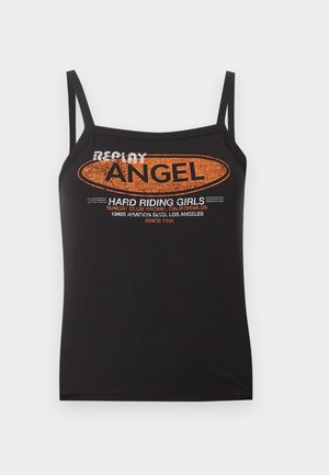 Débardeur noir à fines bretelles avec texte orange et blanc "Replay Angel Hard Riding Girls" et impression de l'adresse de Los Angeles à l'avant.
