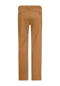 Braune Baumwollhosen mit geradem Schnitt, zwei Gesäßtaschen, Gürtelschlaufen und sauberen Kanten. Keine sichtbaren Muster oder zusätzlichen Akzente.