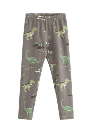 Lasten harmaat legginsit, joissa vihreitä dinosaurus- ja tulivuoriprinttejä. Kuvissa T-rex- ja pitkäkaulaiset dinosaurukset, palmupuita ja dinojen munia.