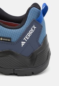 Blue and black hiking shoe with textured fabric, rubber sole, and GORE-TEX branding. Features pull tab and reinforced heel for stability.