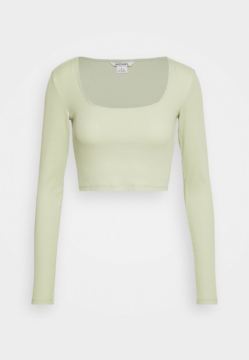 Top cropped de manga longa em tecido canelado verde claro. Apresenta um decote quadrado largo e um design ajustado com uma textura suave.