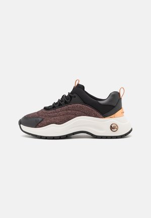 Chunky sneaker with black leather and dark brown fabric upper, white thick sole, rose gold accents, and MK logo on heel side.