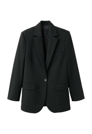 Blazer noir à un bouton avec revers crantés, deux poches à rabat et une poche poitrine, présenté sur un fond blanc.