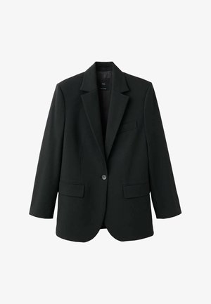 Blazer noir à un bouton avec revers crantés, deux poches à rabat et une poche poitrine, présenté sur un fond blanc.