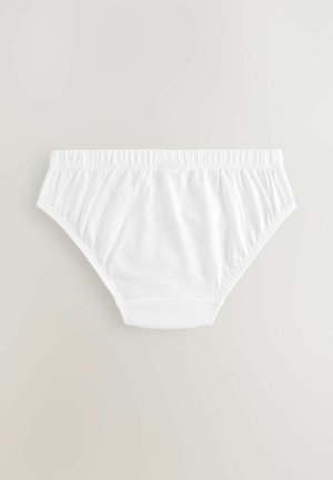 Culotte blanche en coton avec une taille élastique, présentant une texture lisse et un design classique offrant une couverture complète. Sans motifs ni accents supplémentaires.
