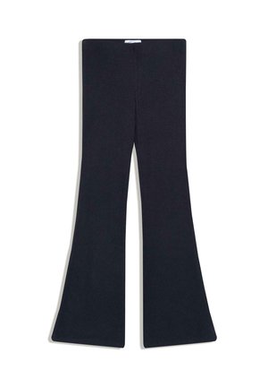 Black ribbed knit pants with a high waist and flared wide legs, laid flat on a white background.