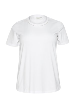 Weißes Baumwoll-T-Shirt mit kurzen Ärmeln, rundem Ausschnitt und dezenten gestickten Details um den Kragen. Glatte Textur, normale Passform.