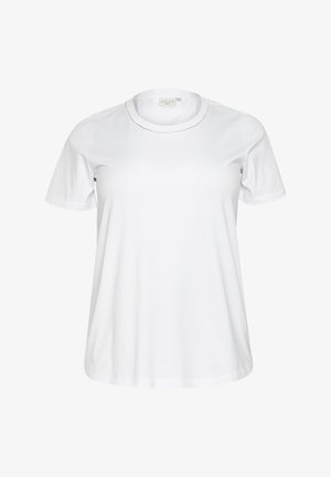 Valge puuvillane T-särk lühikeste varrukatega, ümmarguse kaelusega ja õrna tikandiga krae ümber. Sile tekstuur, standardne sobivus.