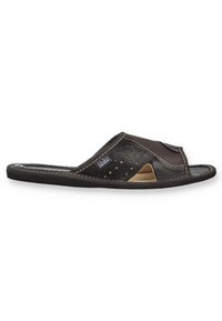 Black leather slide sandal with open toe, perforated design, beige insole, and contrasting stitching for added detail.