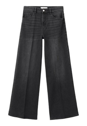 Wide-leg black denim jeans with a high waist, featuring five pockets, a button closure, and subtle whiskering for texture.