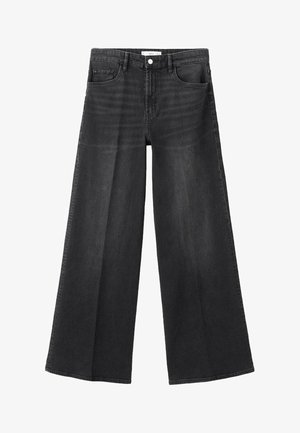 Jean en denim noir à jambes larges avec une taille haute, dotée de cinq poches, d'une fermeture par bouton, et de légères décolorations pour la texture.