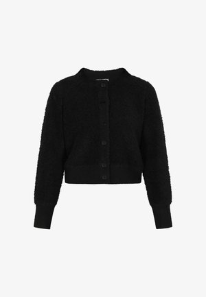 Schwarze, cropped Strickjacke aus einem weichen, strukturierten Stoff, mit rundem Halsauschnitt und vorne mit sechs Knöpfen zu schließen. Rippbündchen an den Ärmelabschlüssen und am Saum sorgen für eine enge Passform.