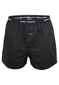 Boxers negros confeccionados en tela suave, con una cinturilla elástica etiquetada como "HAPPY SHORTS", cierre frontal con botón y textura lisa.