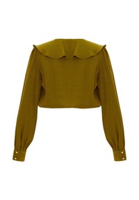 Blouse courte à manches longues vert olive avec col à volants et poignets boutonnés, vue de dos sur fond blanc.