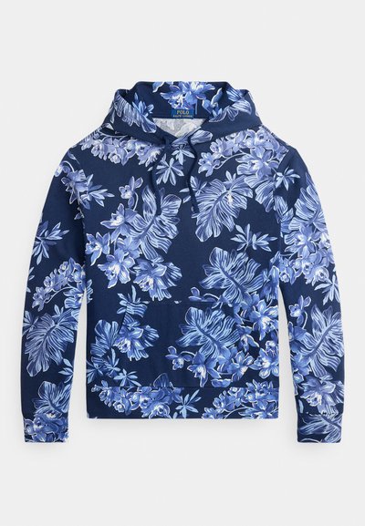 Sweatshirt com capuz azul-marinho com estampa tropical floral azul-claro e branca, capuz com cordão, bolso frontal tipo canguru e mangas compridas.