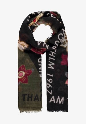 Longue écharpe rectangulaire avec motifs floraux et texte partiel en blanc sur fond vert foncé et noir, bords effilochés.