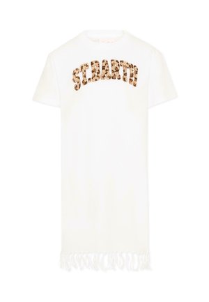 Robe blanche à manches courtes avec "ST. BARTH" en lettres imprimé léopard et ourlet à franges.