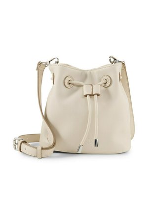 Sac bourse en cuir couleur crème avec bandoulière réglable, fermeture éclair à cordon et accents métalliques argentés sur fond blanc.