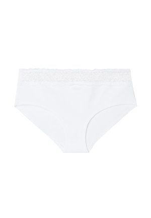 Witte katoenen slip met een kanten tailleband, met een gladde textuur en elastische randen voor een comfortabele pasvorm. Het ontwerp is eenvoudig en klassiek.