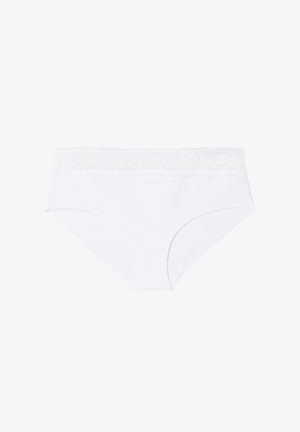 Weiße Baumwollunterhose mit Spitze am Bund, die eine glatte Textur und elastische Kanten für einen bequemen Sitz bietet. Das Design ist simpel und klassisch.