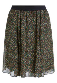 Jupe noire avec un petit motif floral multicolore et une large ceinture élastique, longueur genou avec un tissu fluide et légèrement transparent.