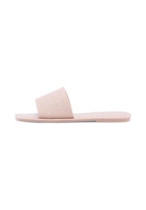 Slip-On-Sandale in zartem Rosa mit strukturierter Riemen- und Sohlengestaltung, flaches Design für den lässigen Gebrauch.
