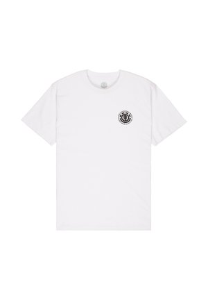 White short-sleeve T-shirt with small black circular logo on left chest reading "Earth Wind Fire" around stylized tree symbol.