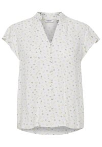 Kurzärmlige Bluse mit Knopfleiste aus leichtem Stoff. Verziert mit einem Blumenmuster in Gelb-, Grün- und Rosatönen. V-Ausschnitt mit plisseeartiger Detailgestaltung.