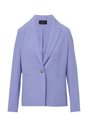 Blazer lavande en tissu lisse, présentant une fermeture à un bouton, des revers notés et deux poches avant.