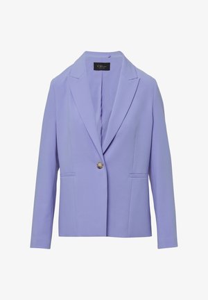 Lila Blazer aus glattem Stoff, mit einer einzelner Knopfverschluss, eingegrasten Revers und zwei vorderen Taschen.